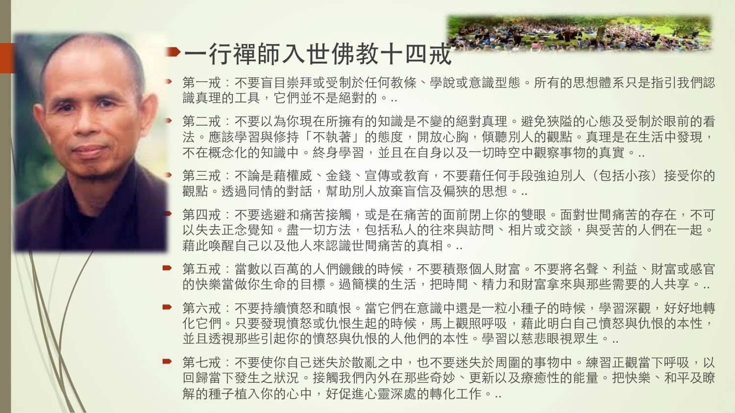 一行禪師「入世佛教十四戒」 第一戒：不要盲目崇拜或受制於任何教條、學說或意識型態。所有的思想體系只是指引我們認識真理的工具，它們並不是絕對的。 第二戒：不要以為你現在所擁有的知識是不變的絕對真理。避免狹隘的心態及受制於眼前的看法。應該學習與修持「不執著」的態度，開放心胸，傾聽別人的觀點。真理是在生活中發現，不在概念化的知識中。終身學習，並且在自身以及一切時空中觀察事物的真實。 第三戒：不論是藉權威、金錢、宣傳或教育，不要藉任何手段強迫別人（包括小孩）接受你的觀點。透過同情的對話，幫助別人放棄盲信及偏狹的思想。  第四戒：不要逃避和痛苦接觸，或是在痛苦的面前閉上你的雙眼。面對世間痛苦的存在，不可以失去正念覺知。盡一切方法，包括私人的往來與訪問、相片或交談，與受苦的人們在一起。藉此喚醒自己以及他人來認識世間痛苦的真相。 第五戒：當數以百萬的人們饑餓的時候，不要積聚個人財富。不要將名聲、利益、財富或感官的快樂當做你生命的目標。過簡樸的生活，把時間、精力和財富拿來與那些需要的人共享。 第六戒：不要持續憤怒和瞋恨。當它們在意識中還是一粒小種子的時候，學習深觀，好好地轉化它們。只要發現憤怒或仇恨生起的時候，馬上觀照呼吸，藉此明白自己憤怒與仇恨的本性，並且透視那些引起你的憤怒與仇恨的人他們的本性。學習以慈悲眼視眾生。  第七戒：不要使你自己迷失於散亂之中，也不要迷失於周圍的事物中。練習正觀當下呼吸，以回歸當下發生之狀況。接觸我們內外在那些奇妙、更新以及療癒性的能量。把快樂、和平及瞭解的種子植入你的心中，好促進心靈深處的轉化工作。 第八戒：不要出言製造不和，或促使團體分裂。盡一切努力去調和以及化解一切的衝突，不管它是多麼的微小。..  第九戒：不要為了個人利益及加深別人的印象而說虛偽不實的話。不要說製造分裂及仇怨的話。不要傳播你所不確知的消息。不要對你所不確定的事情，輕率地批評或予以定罪。永遠只說誠實以及有建設性的話。要有勇氣為不正義的情況發言，即使這樣做會威脅到你自己的安全。 第十戒：不要利用宗教團體去獲得個人的好處及私利，或把你的團體轉變為政治黨派。毋寧，一個宗教團體應該採取明白的立場，反對任何壓迫與不公平，並且努力在不介入黨派衝突的前提之下去改善情況。  第十一戒：不要以會危害人類以及大自然的職業為生。如果會剝奪別人生存的機會，就不要投資於這樣的公司。應選擇一種有助於實現你慈悲理想的職業。  第十二戒：不要殺生，不要讓別人殺生。應尋求一切可能的方法去保護生命並防止戰爭。..  第十三戒：不要擁有任何本來屬於別人的東西。尊重別人的財產，但也要勇於制止任何人以人類或其它生命的痛苦為代價而致富。 第十四戒：不要虐待你的身體。學習帶著尊重的態度使用它。不要把你的身體僅僅當作一個工具。應儲存你生命的能力（精、氣、神）以奉獻於真理的實現。性的表達，應基於彼此的愛及承諾做基礎。在性關係中，要覺知未來可能發生的痛苦。為了維護別人的快樂，應尊重別人的權利及心願。若要把新生命（嬰兒）帶到這個世界，就應充份覺知為人父母者之責任。應對新生命降臨的這個世界加以正思正觀。